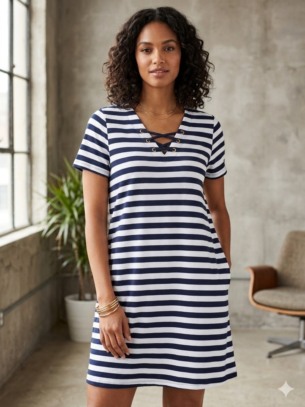 Michael Kors Navy & White Striped Lace-Up V-Neck Dress Size XL